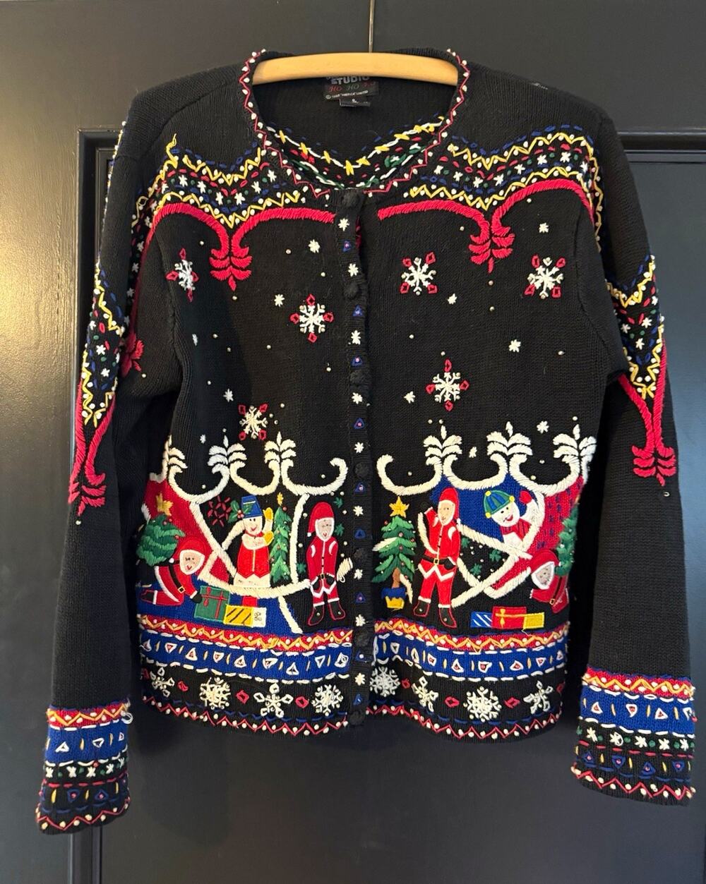 Studio Women’s Black Christmas Knit Cardigan Sweater Beaded Button-Down S